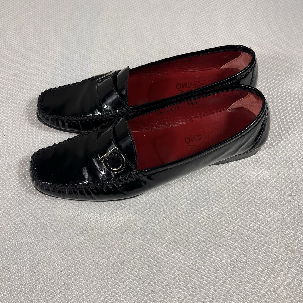 Salvatore Ferragamo Loafers Gancini Square Toe Low Heel Enamel 7.5 SN 4297 - Picture 3 of 10